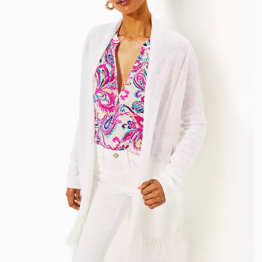Brand New Lilly Pulitzer Tatum Cardigan with fringe In Resort White, L